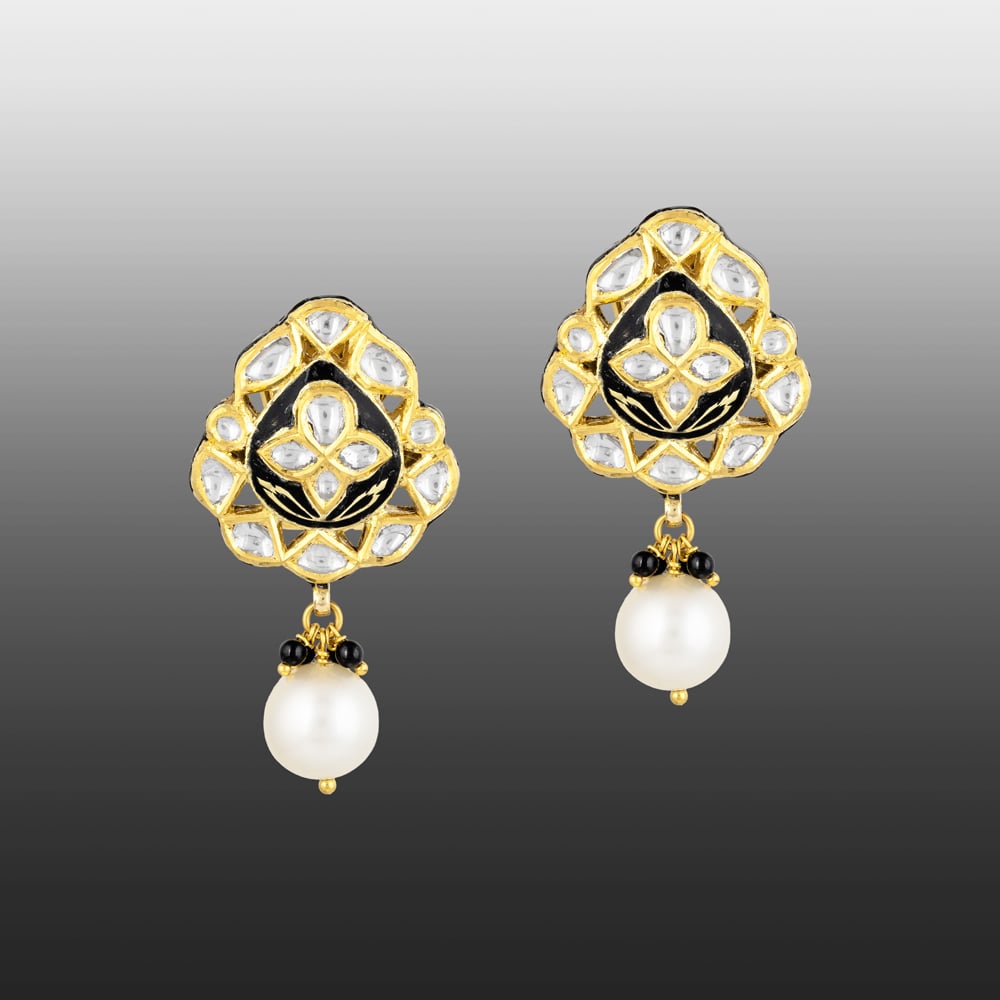 Polki Earrings with Black Enamel, Floral Motif & Pearl Drop